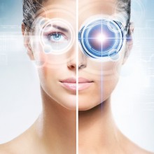 Two different pictures of women with the laser hologram on their eyes (collage about eye scanning technology and virtual reality)